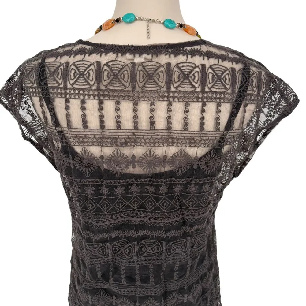 Garnet Hill Lace Dress 4 Brown Taupe Embroidered Lined Shift Slip Scalloped Hem - Picture 13 of 14